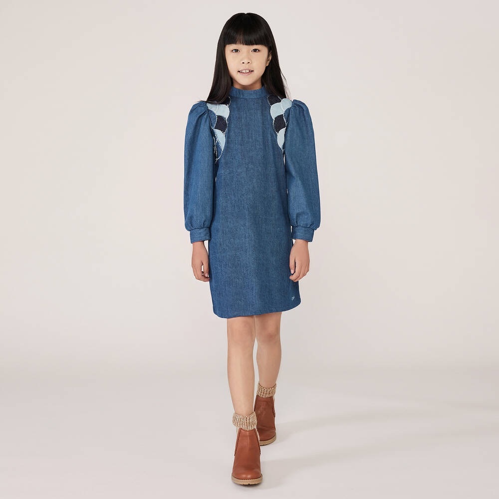Chloe Kids Scallop Detail Denim Dress